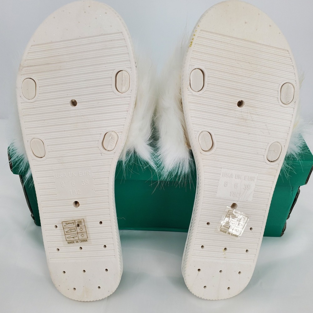 Lauren Lorraine White Fluffy Faux Fur Flat Sandal Glitter Trim Slides Size 8 New - Picture 5 of 6
